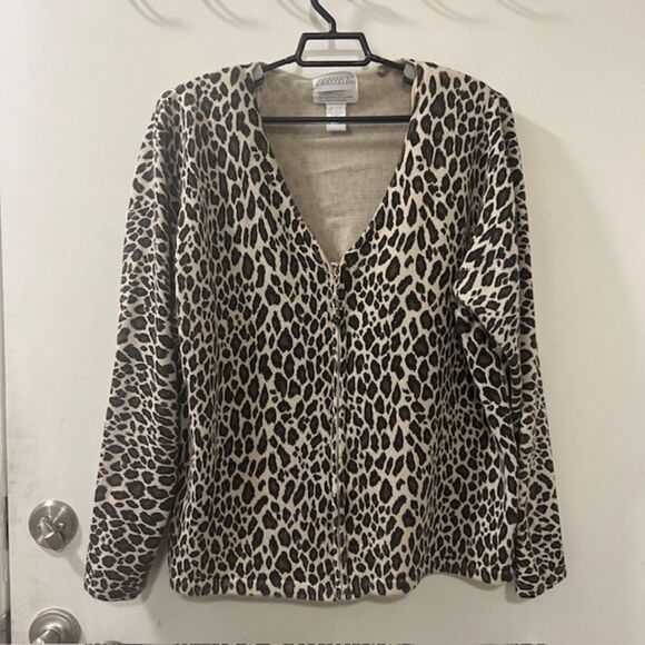 VINTAGE SIDEFFECTS Brown Cream Leopard Print Full Zip Padded Cardigan Size XL - Picture 5 of 12